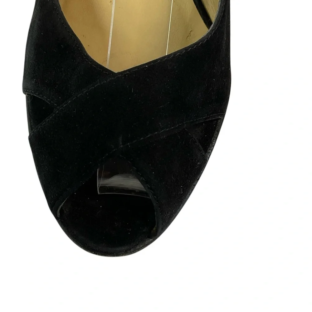 Ellen Tracy Black Suede Peep Toe Slingback Heeled Leather Sole Sandals Size 7.5